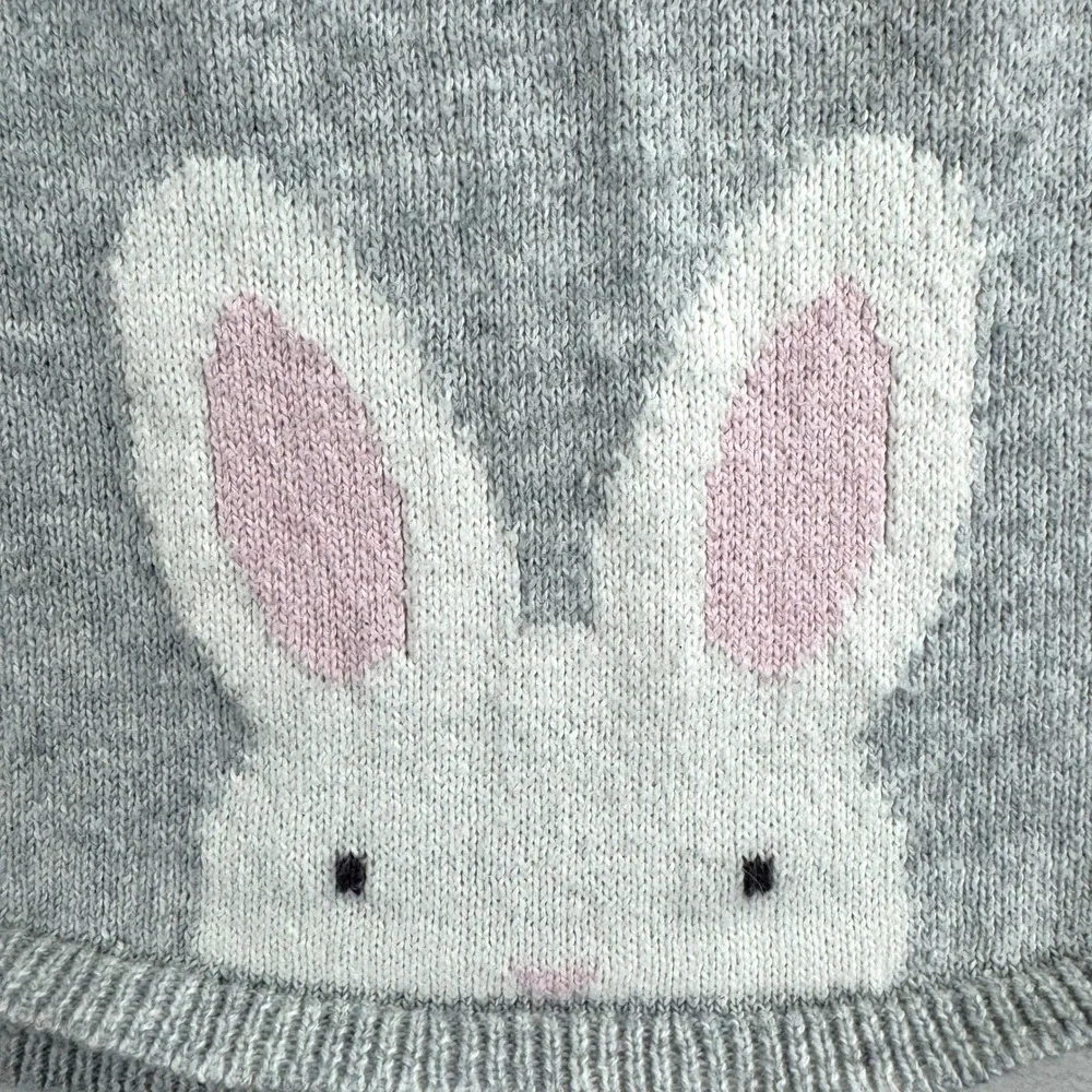 Gymboree Baby Girls Grey Pink Bunny Knit Sweater Dress‎ 3-6 Months Raglan Sleeve